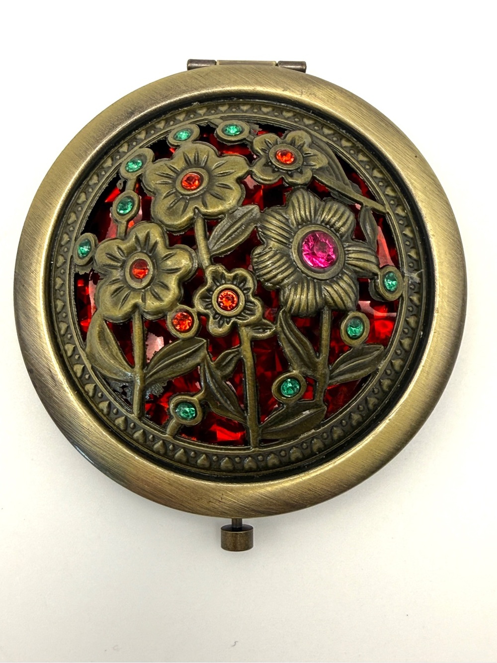 NEW Brass Color Jeweled Flower Compact Mirror Red